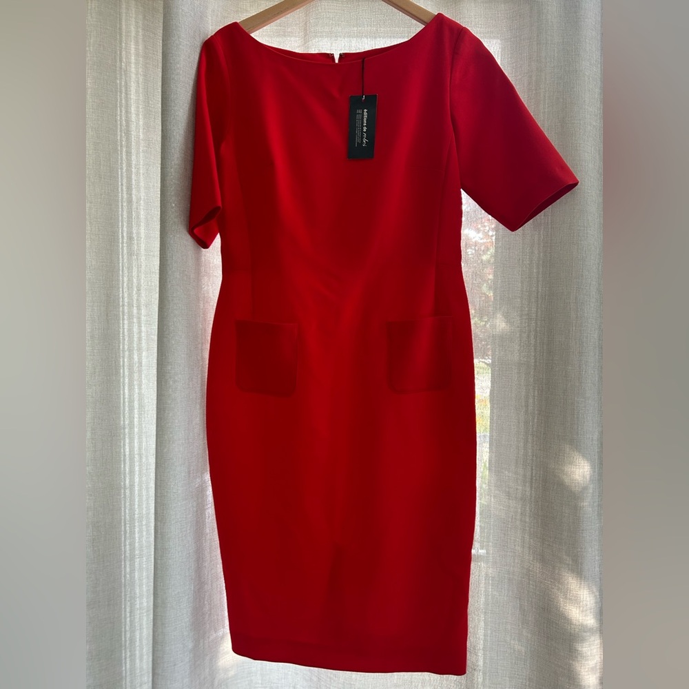 Red Sheath Midi Dress with Crew Neck for Work